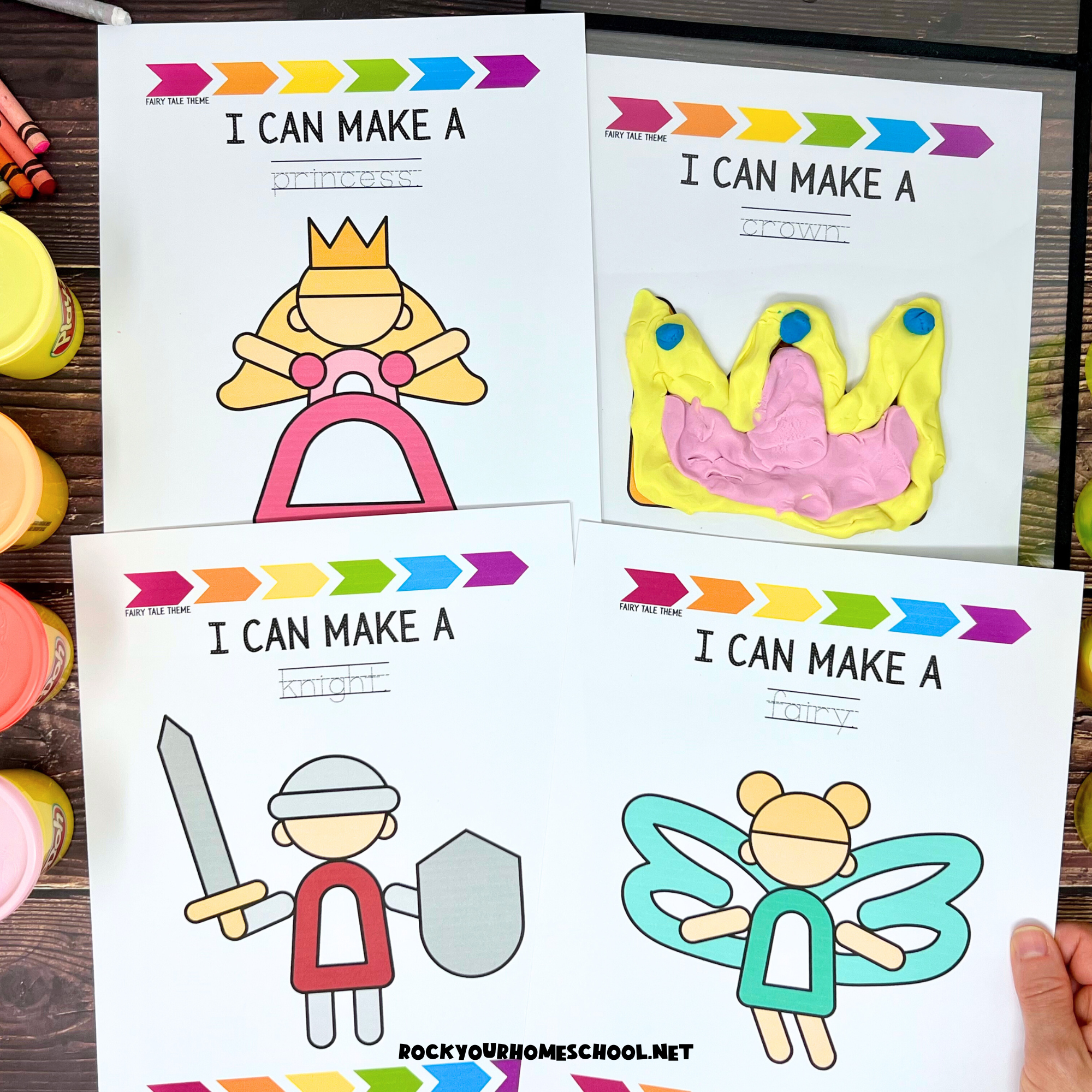 Woman holding fairy tale playdough mat with other examples including fairy, knight, crown, and princess.
