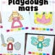 4 examples of fairy tale playdough mats including princess, crown, knight, and fairy.