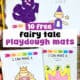 Fairy tale playdough mats of dragon, wizard, princess, and crown.