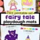 Fairy tale playdough mats of dragon, wizard, princess, and crown.