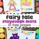 Fairy tale playdough mats of dragon, wizard, princess, and crown.