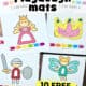4 examples of fairy tale playdough mats including princess, crown, knight, and fairy.