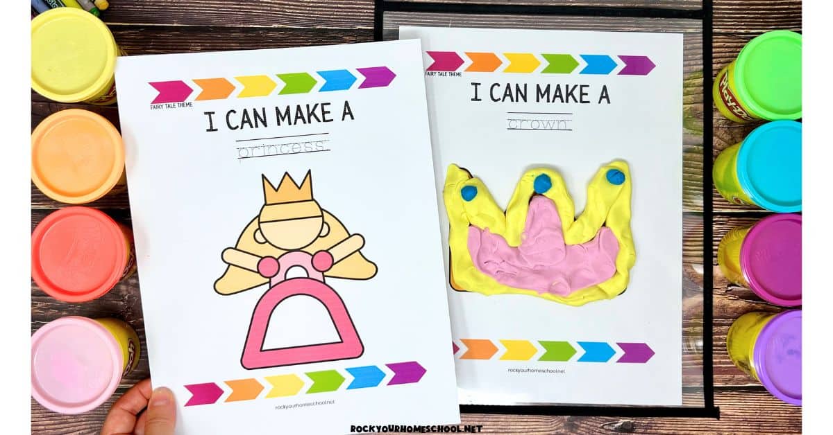 Woman holding princess fairy tale playdough mat with crown example and playdough cans.