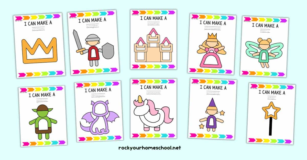 10 examples of fairy tale playdough mats including crown, knight, castle, princess, fairy, goblin, dragon, unicorn, wizard, and wand.