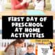 Mother and daughter clapping hands with alphabet puzzle and mother and son enjoying a first day of homeschool preschool activity with free printable pack.