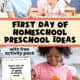 Mother and son sitting at child's table and girl building with blocks to feature these first day of homeschool preschool activities and ideas with free printable pack.