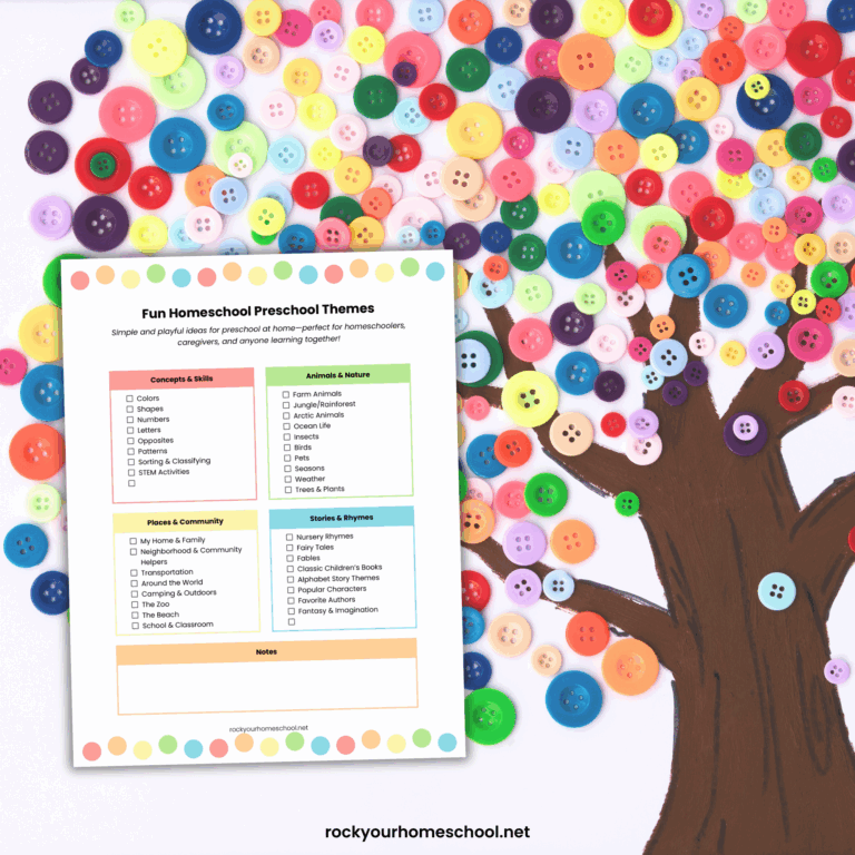Preschool craft tree made with buttons and free printable and editable fun preschool themes list.