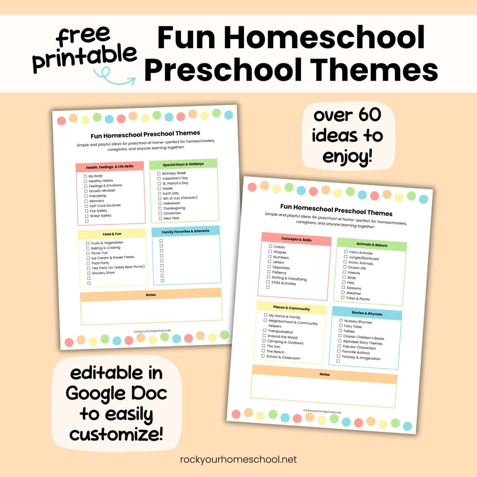Examples of free printable fun homeschool preschool themes lists.