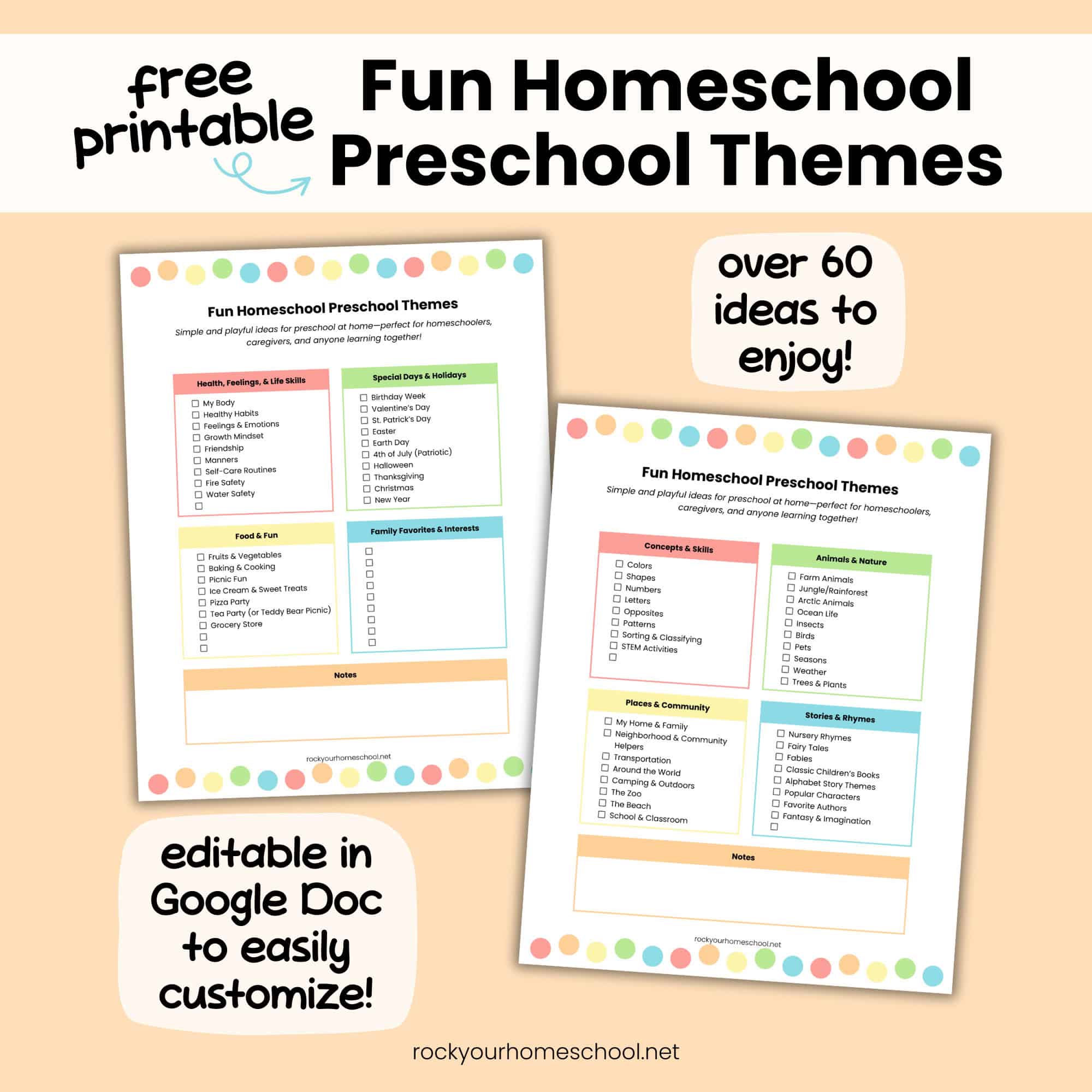 Examples of free printable fun homeschool preschool themes lists.