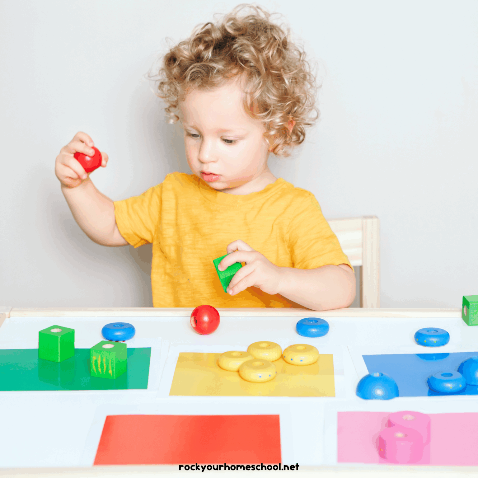 Child sorting blocks by color.