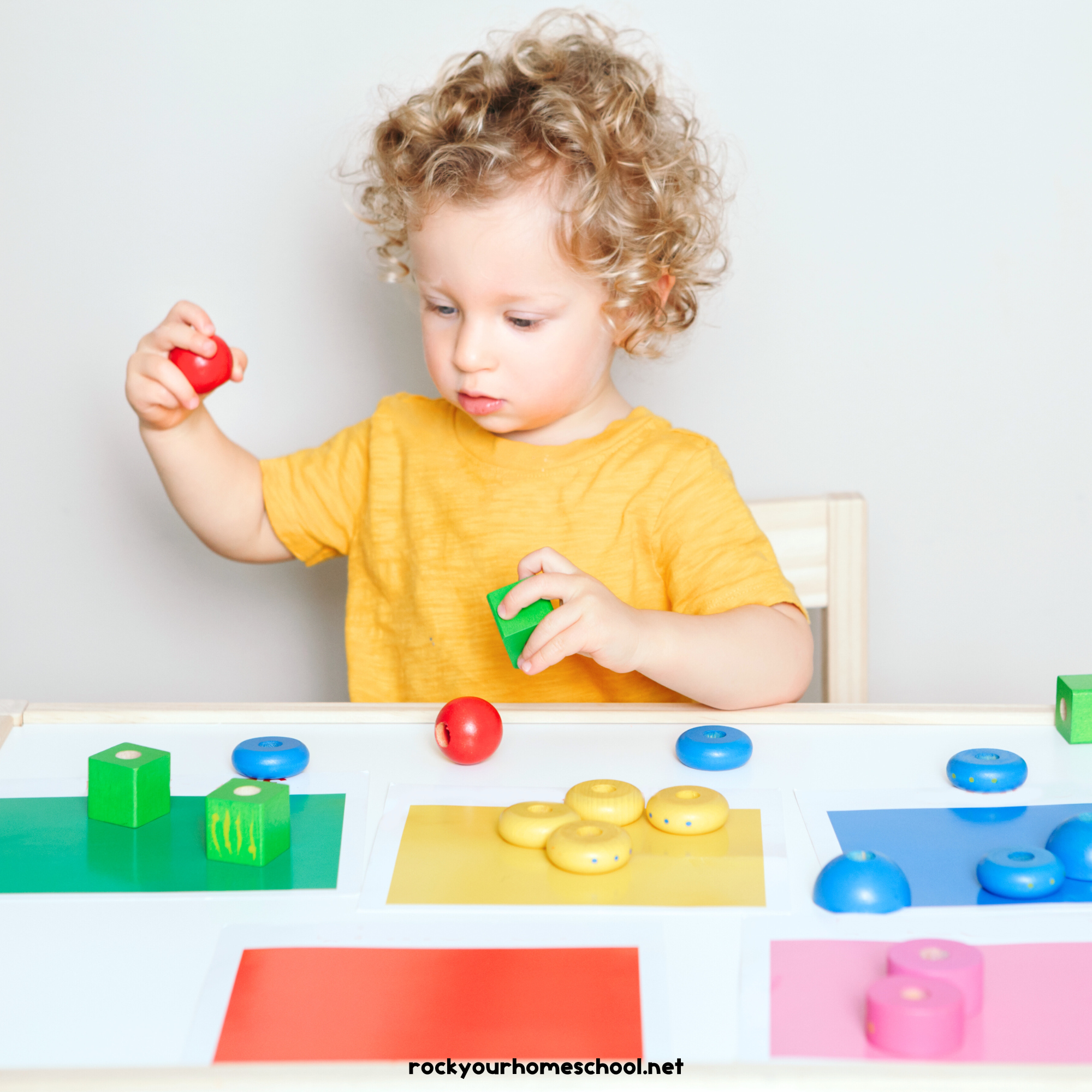 Child sorting blocks by color.