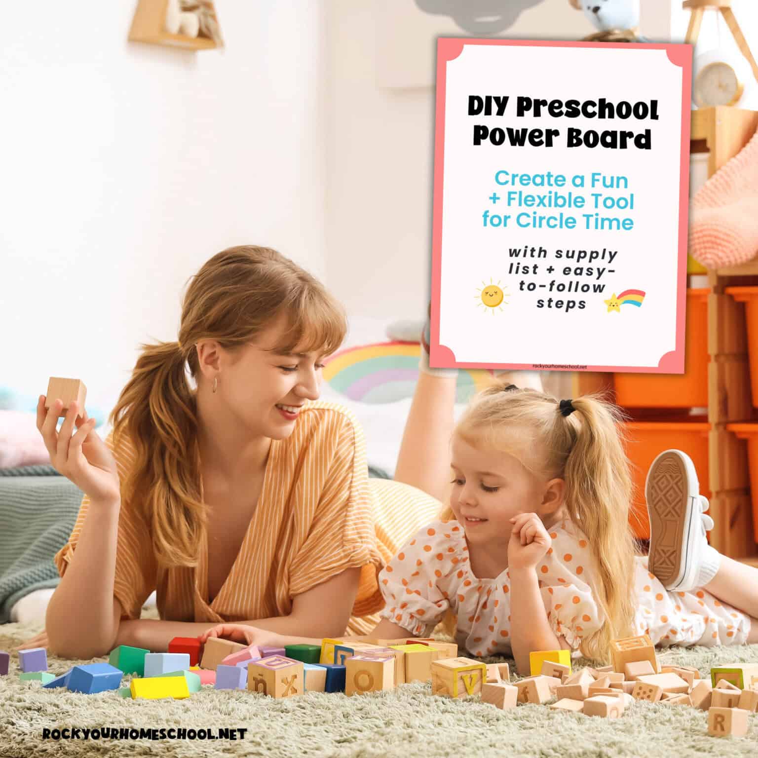 Mom and daughter playing with blocks for homeschool preschool circle time and cover of DIY Preschool Power Board start pack.