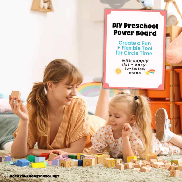 Mom and daughter playing with blocks for homeschool preschool circle time and cover of DIY Preschool Power Board start pack.