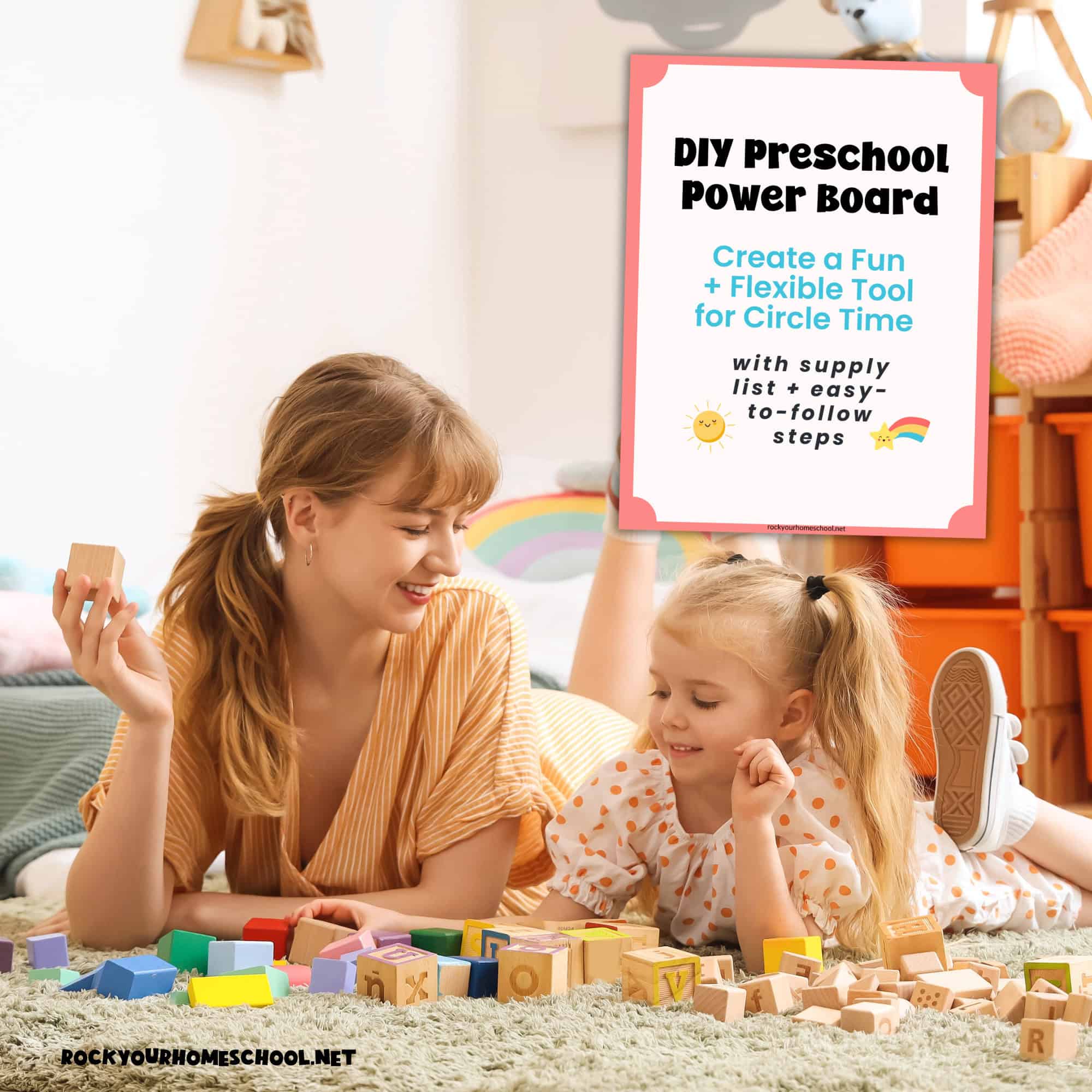 Mom and daughter playing with blocks for homeschool preschool circle time and cover of DIY Preschool Power Board start pack.