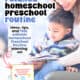 Child sitting on mom's lap as she reads book and cover of Homeschool Preschool Routine planning set.