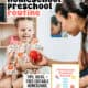 Mom holding red ball with daughter and cover of free printable and editable Homeschool Preschool Routine planner.