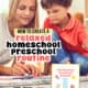 Mother and son working on preschool paper and cover of free editable and printable Homeschool Preschool Routine planning set.