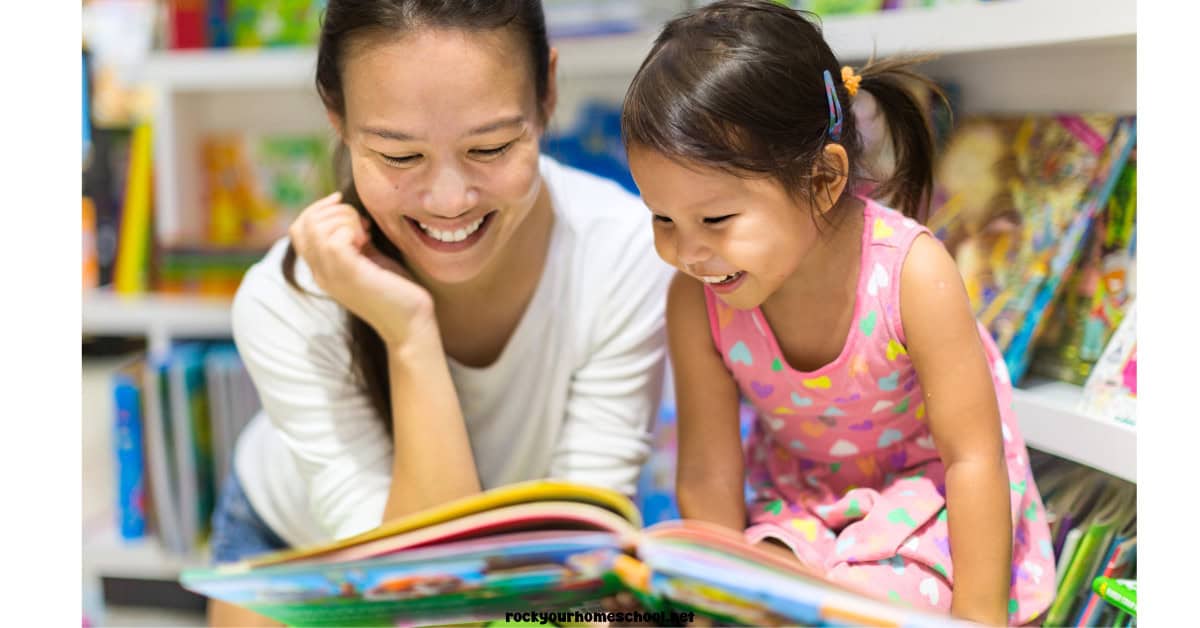 Mother and child reading a book.