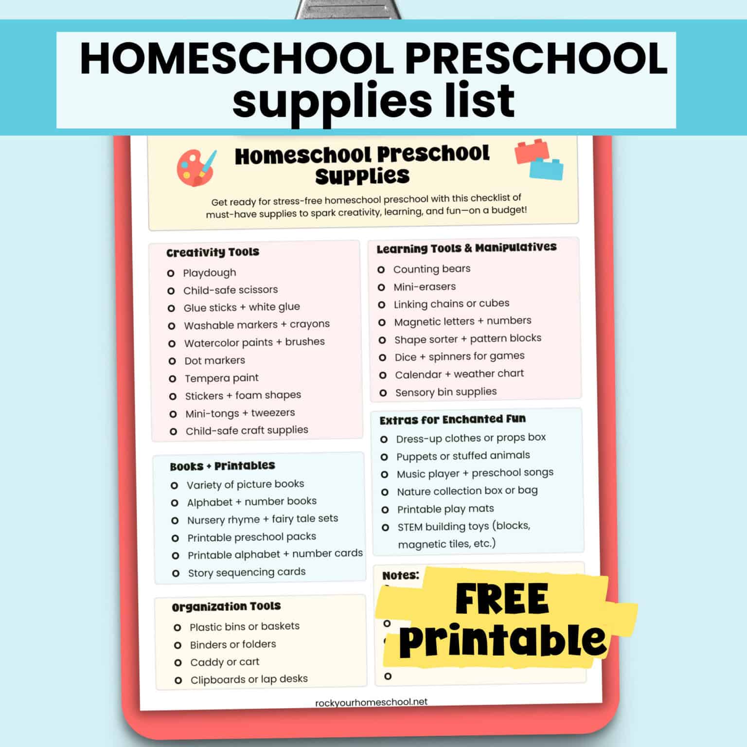 Free printable homeschool preschool supplies list on clipboard.
