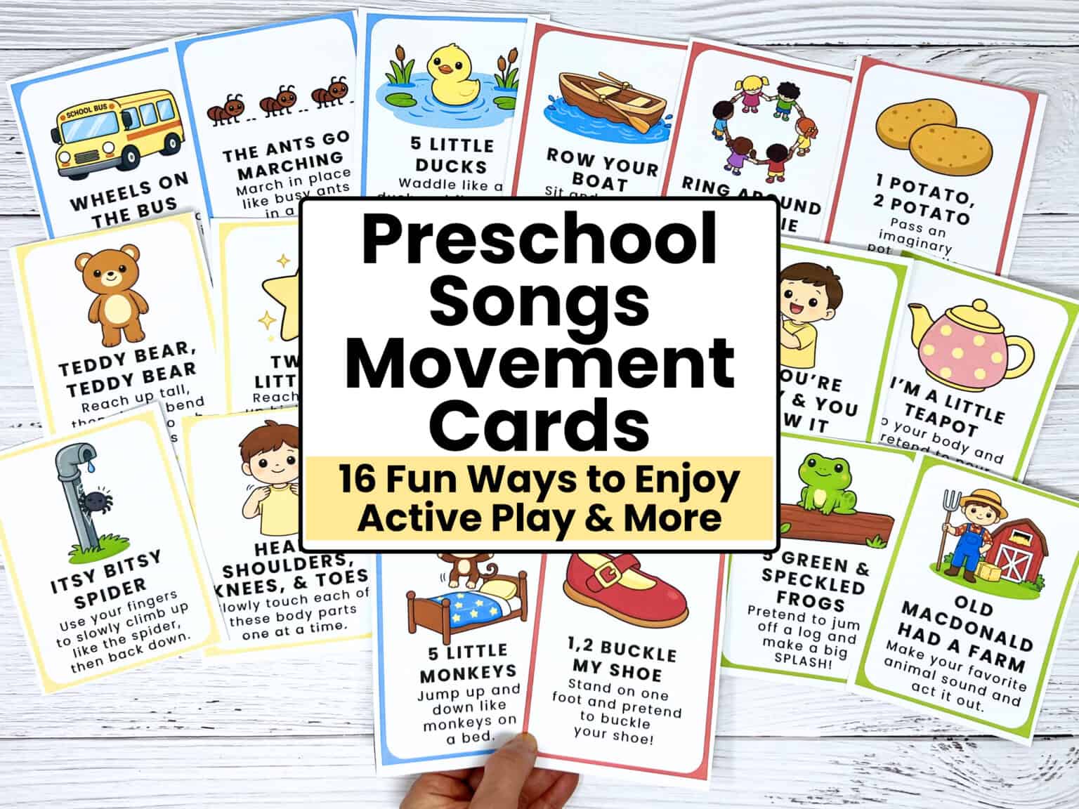 Examples of printable preschool songs movement cards for kids.