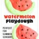 Two examples of homemade watermelon playdough slices in red with light green rind and watermelon seeds.