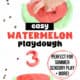 Child pressing watermelon seeds into red watermelon playdough with example of slice with watermelon seeds and number 3.
