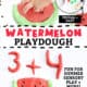 Child pressing watermelon seeds into red watermelon playdough with example of slice with watermelon seeds and number 3 with Kool-Aid watermelon packet, red and green food coloring, cup of flour, cream of tartar, and measuring spoons.