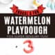 Child pressing watermelon seeds into Example of slice with watermelon seeds and number 3 with Kool-Aid watermelon packet, red and green food coloring, cup of flour, cream of tartar, and measuring spoons.