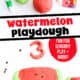 Red and green balls of watermelon playdough with green and red food coloring and homemade watermelon playdough with watermelon seeds.