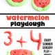 Two examples of homemade watermelon playdough slices in red with light green rind and watermelon seeds.