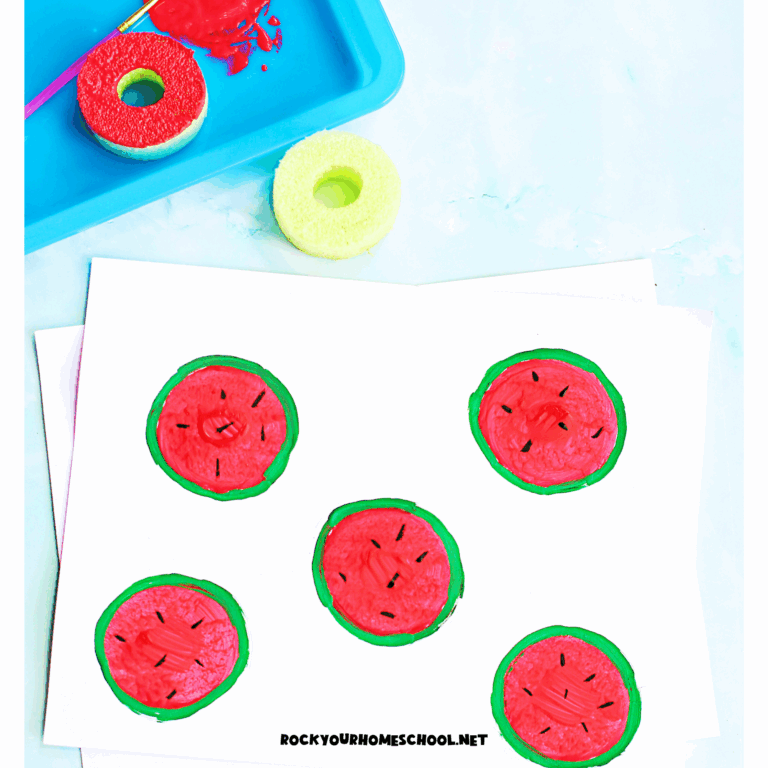 Watermelon stamp craft for kids with pool noodle slice and red paint.
