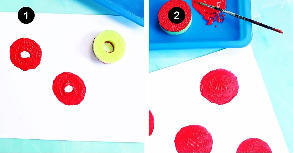 Pool noodle slice dipped in red paint and stamped on paper.