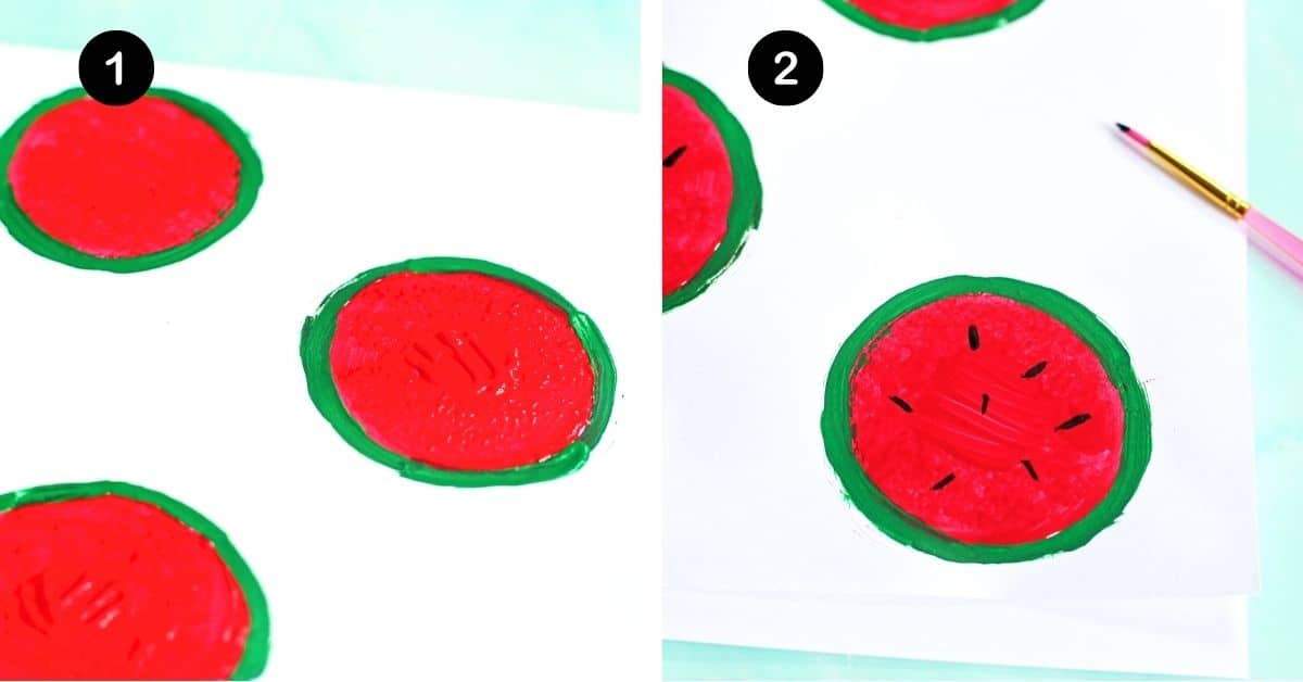 Red paint circles with green border and paint brush with black paint to paint on watermelon seeds.