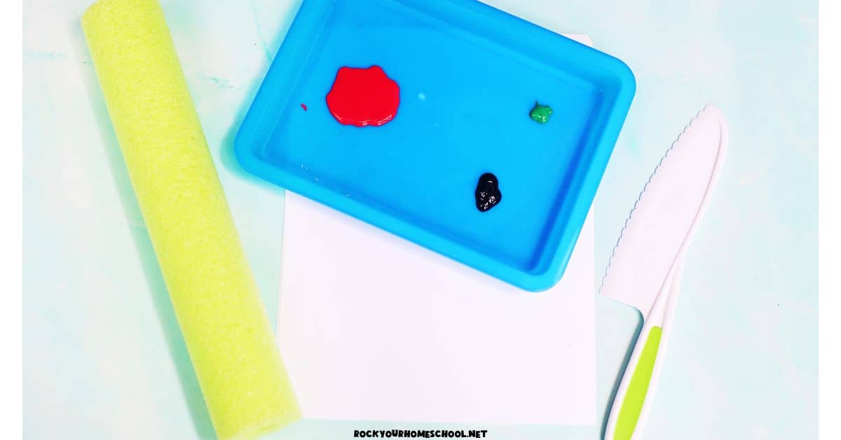 Pool noodle, ceramic craft knife, and blue tray with red, black, and green paint.