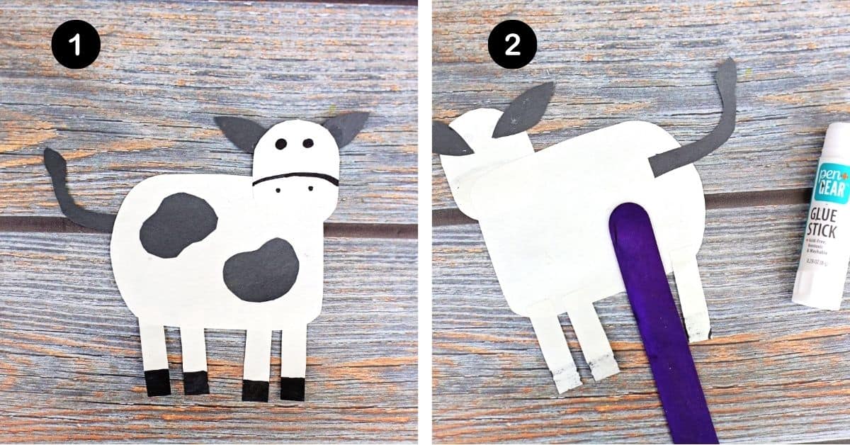 Paper cow and purple wood craft stick glued to back.