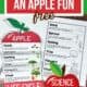 Color example of apple life cycle printable activity for science foldable with black-and-white version, crayons, glue stick, and crayons.