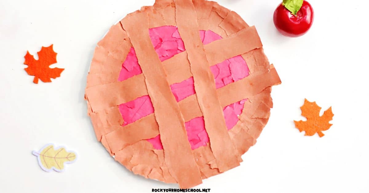 Example of torn paper apple pie craft made with paper plate.