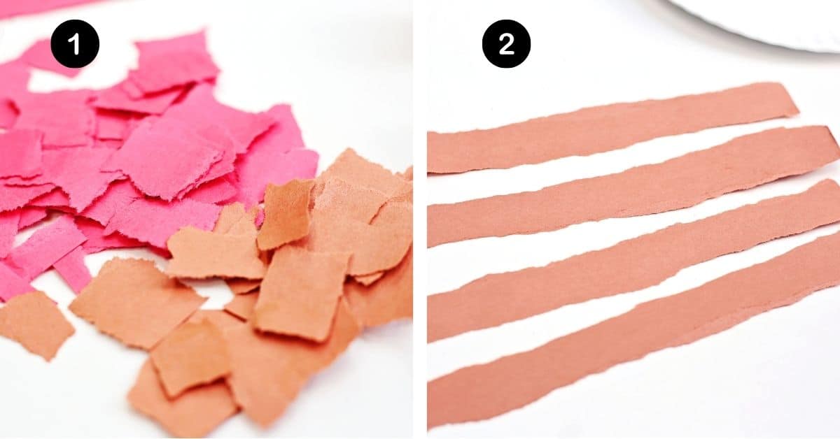 Torn pieces of red and brown construction paper and four strips of brown paper.