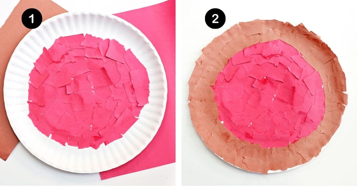 Paper plate with torn pieces of red and brown paper.