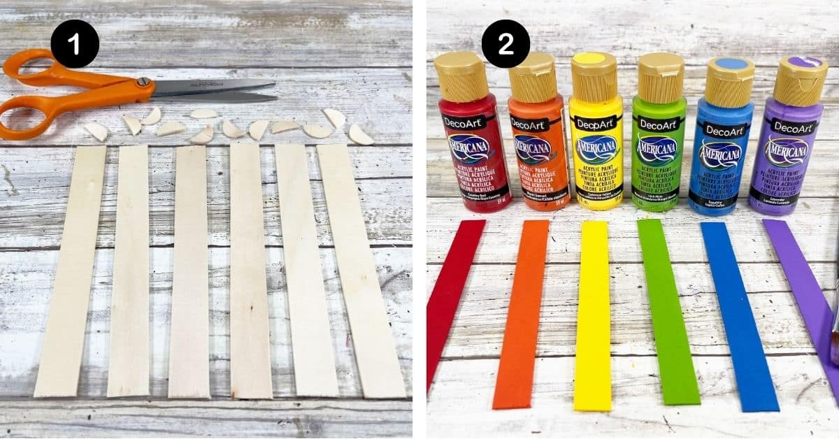 Wood craft sticks with tips cut off with scissors and rainbow of paints with craft sticks.