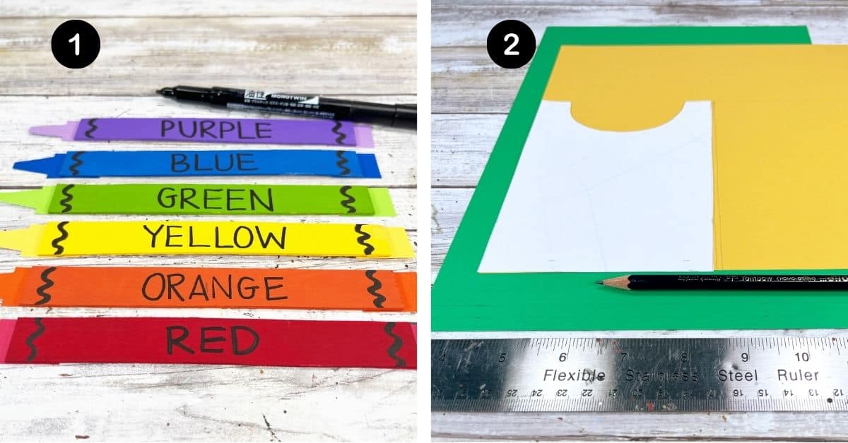 Black marker with rainbow of craft stick crayons and green and gold papers with crayon box template, pencil, and ruler.