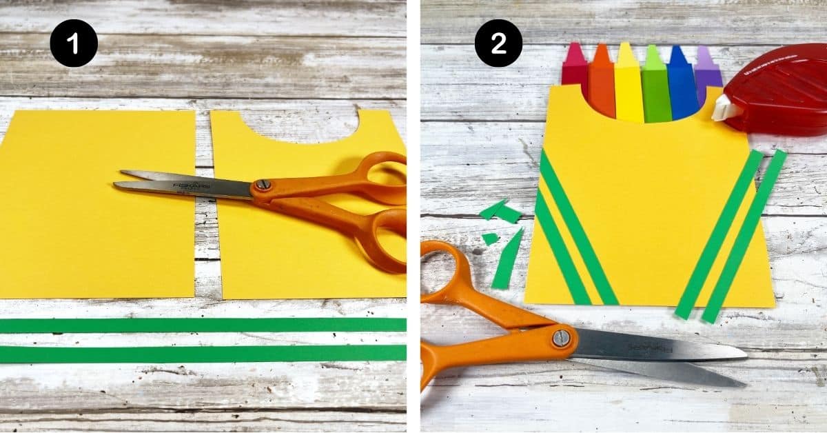 Yellow paper cut in crayon box shape with green paper strips and scissors and crayon box craft.