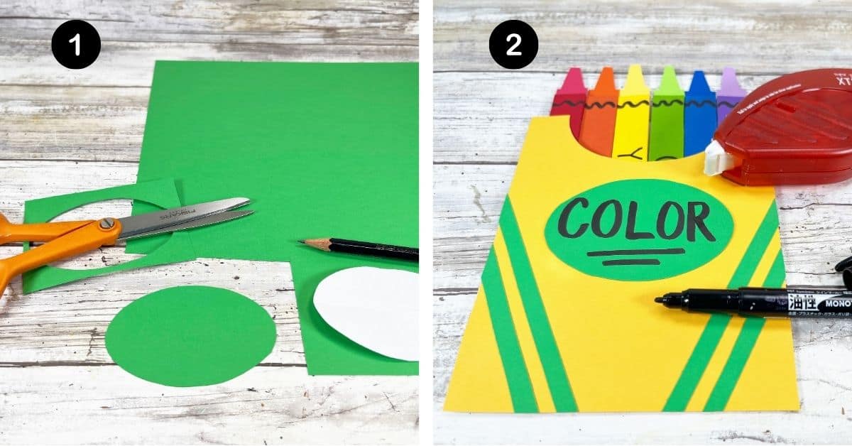 Green paper and scissors with green circle and paper and craft stick crayon box craft with black marker.