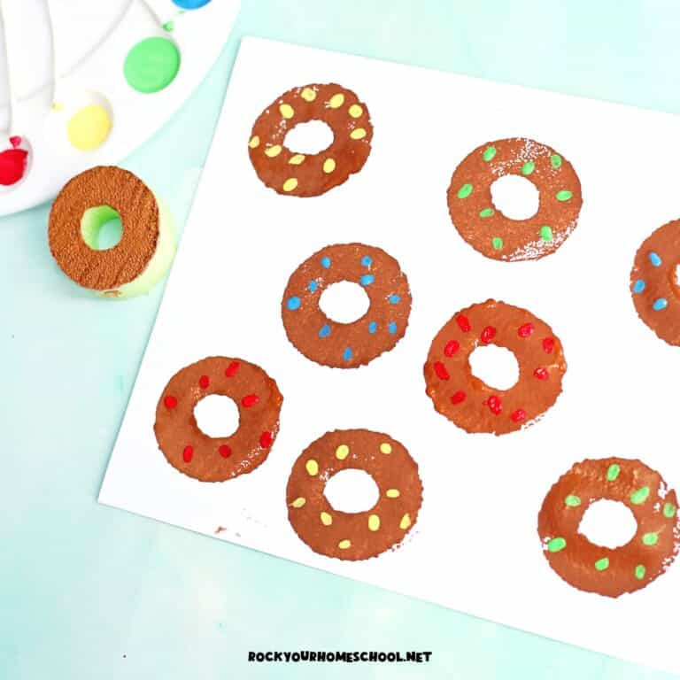 Example of easy donut craft made with DIY pool noodle stamp for fun painting project.
