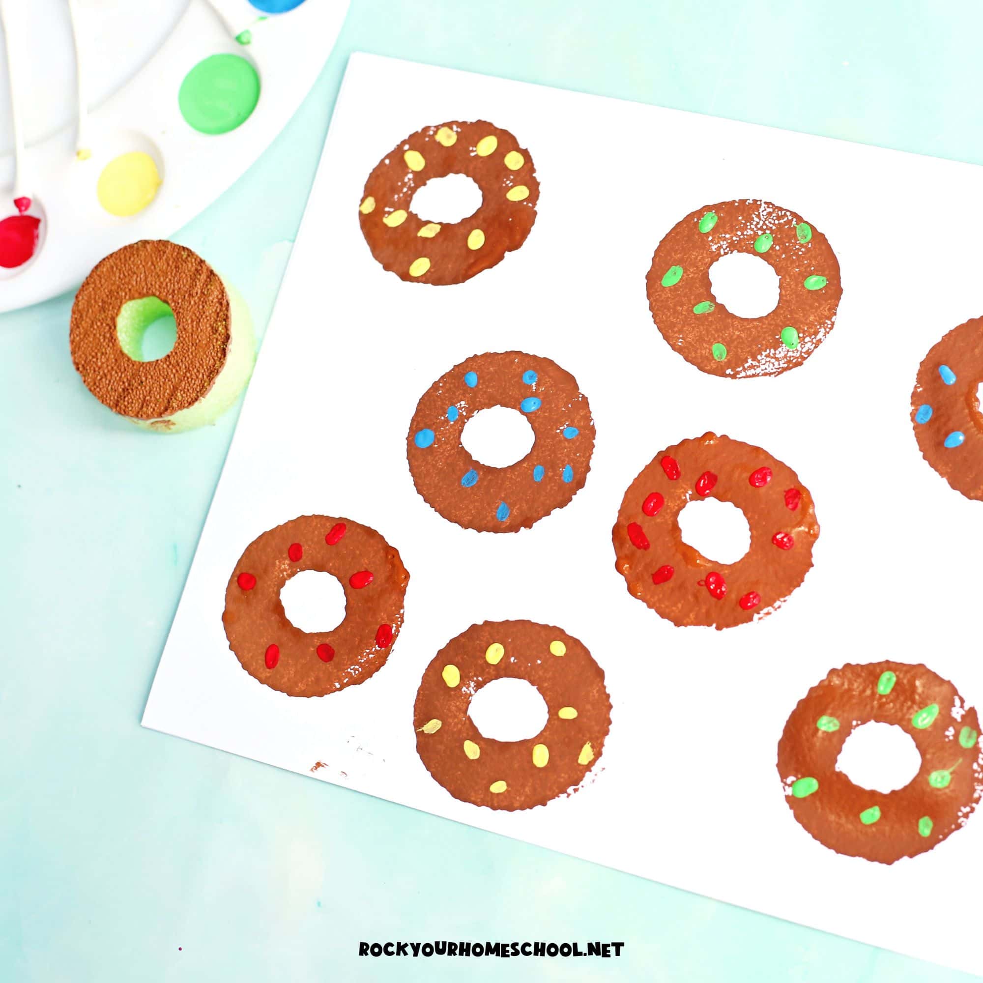 Example of easy donut craft made with DIY pool noodle stamp for fun painting project.