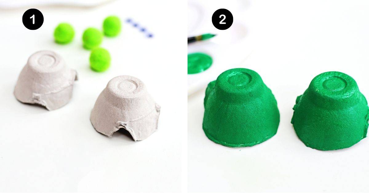 Two cut out egg carton cups painted green with green pom poms and googly eyes.