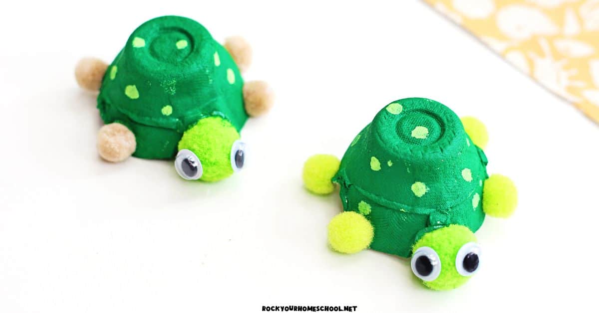 Two egg carton turtles with light green pom pom heads and legs and googly eyes.