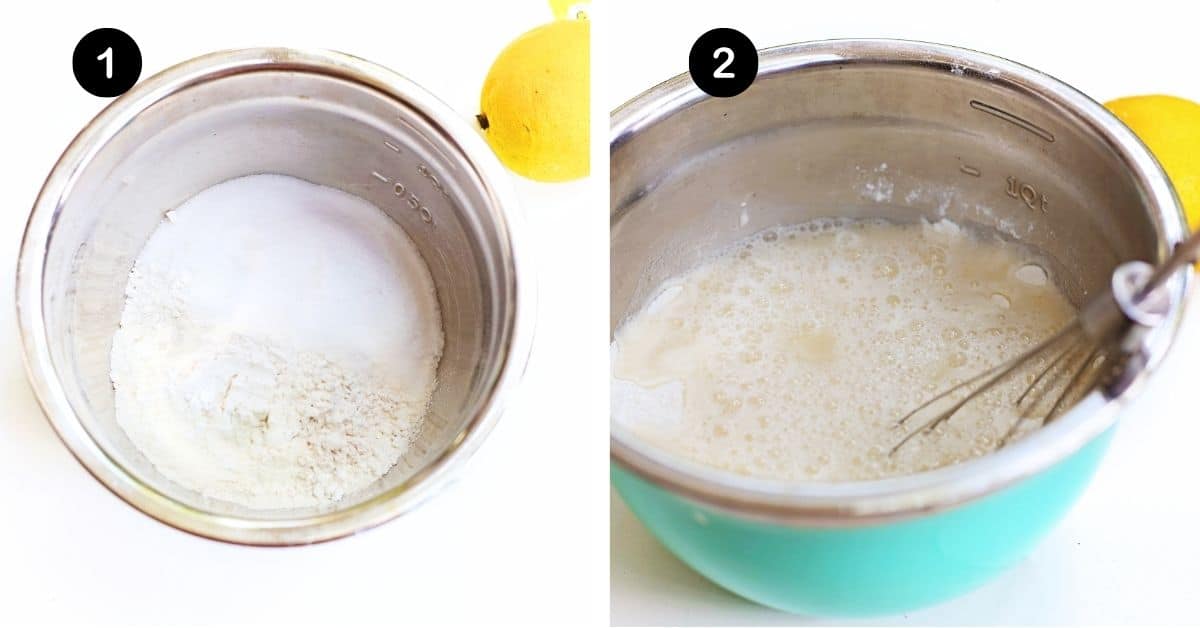 Bowl with flour and salt and whisk with lemon in background.