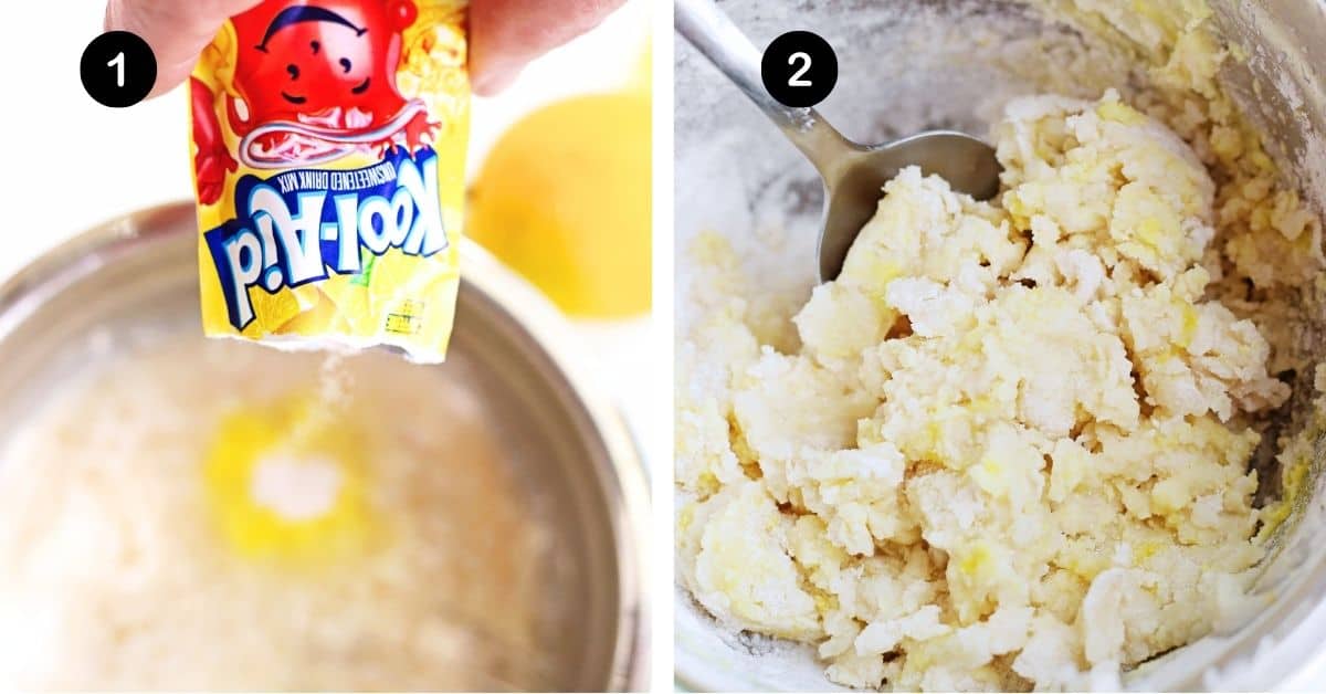 Woman adding Kool-Aid Lemonade pack to mixture of water and flour and mix with lemon zest.