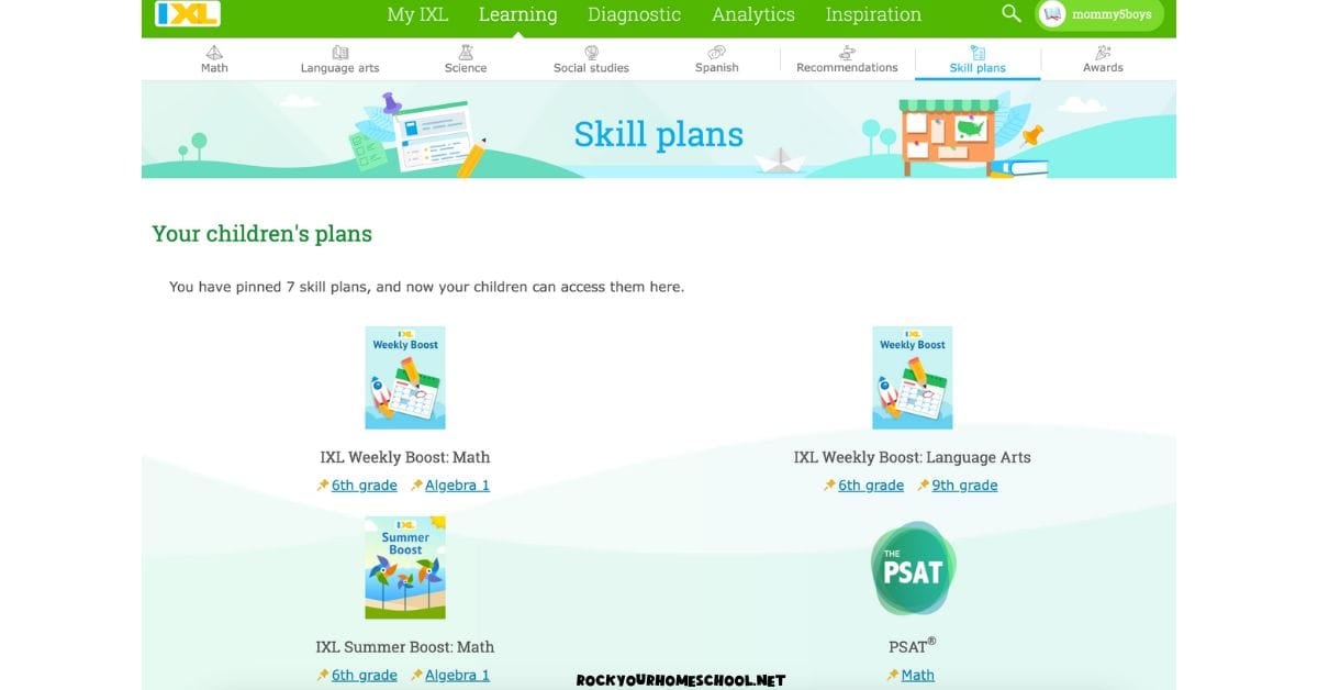 Parent dashboard of IXL.